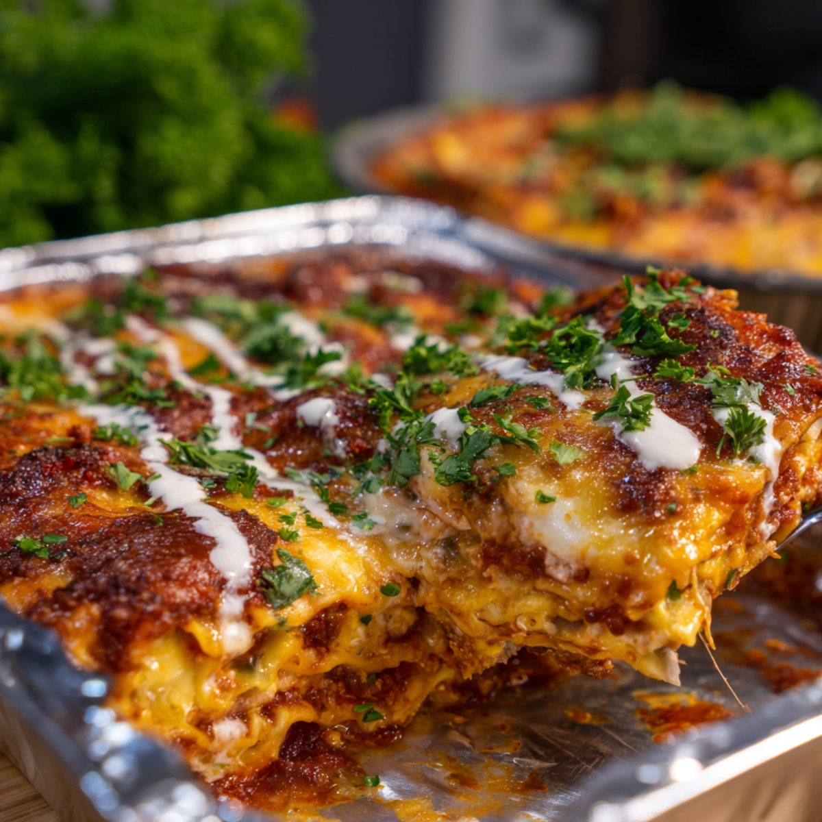 A golden-brown baked lasagna in a foil pan, topped with melted cheese, drizzled sauce, and fresh chopped parsley.