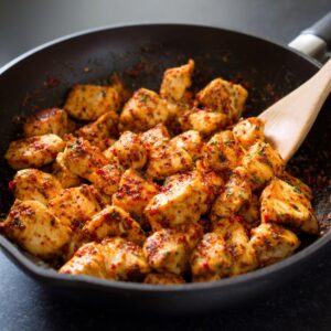 Cooked chunks of seasoned chicken in a skillet, golden brown and coated with spices, being stirred with a wooden spoon.