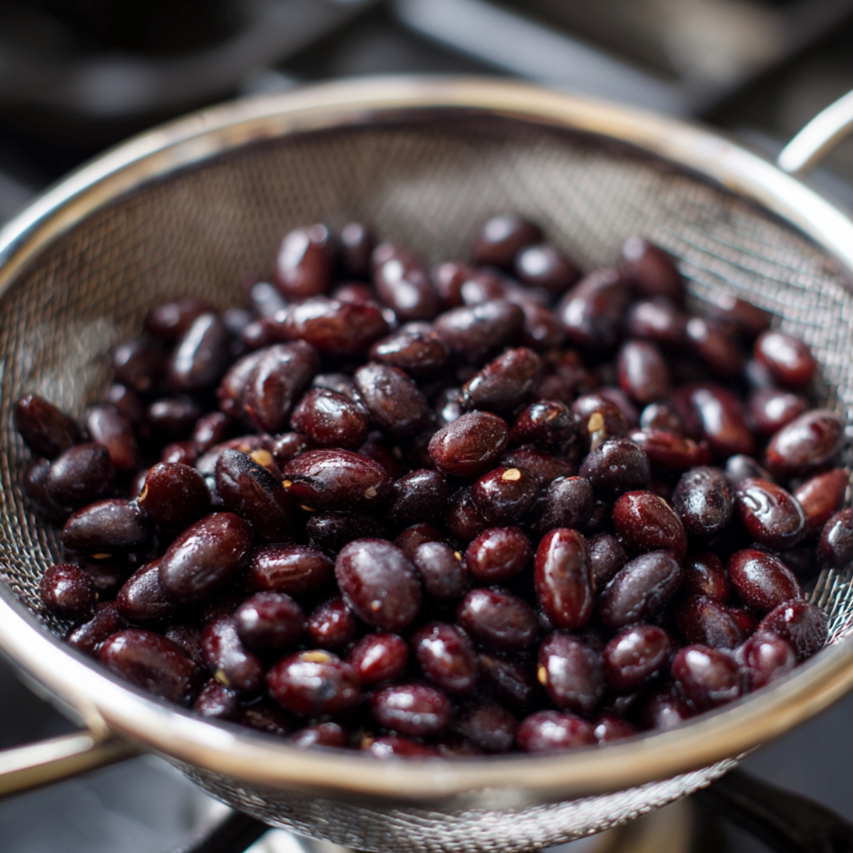 A close-up of freshly rinsed black beans draining in a metal strainer over a sink or stove.