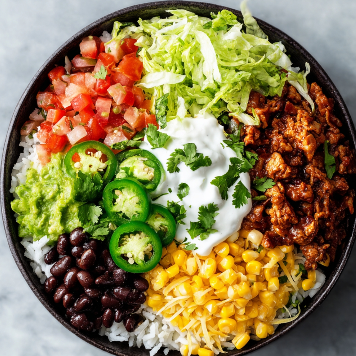 A colorful burrito bowl with rice, black beans, corn, shredded lettuce, seasoned meat, guacamole, sliced jalapeños, diced tomatoes, sour cream, and cilantro arranged neatly in sections.