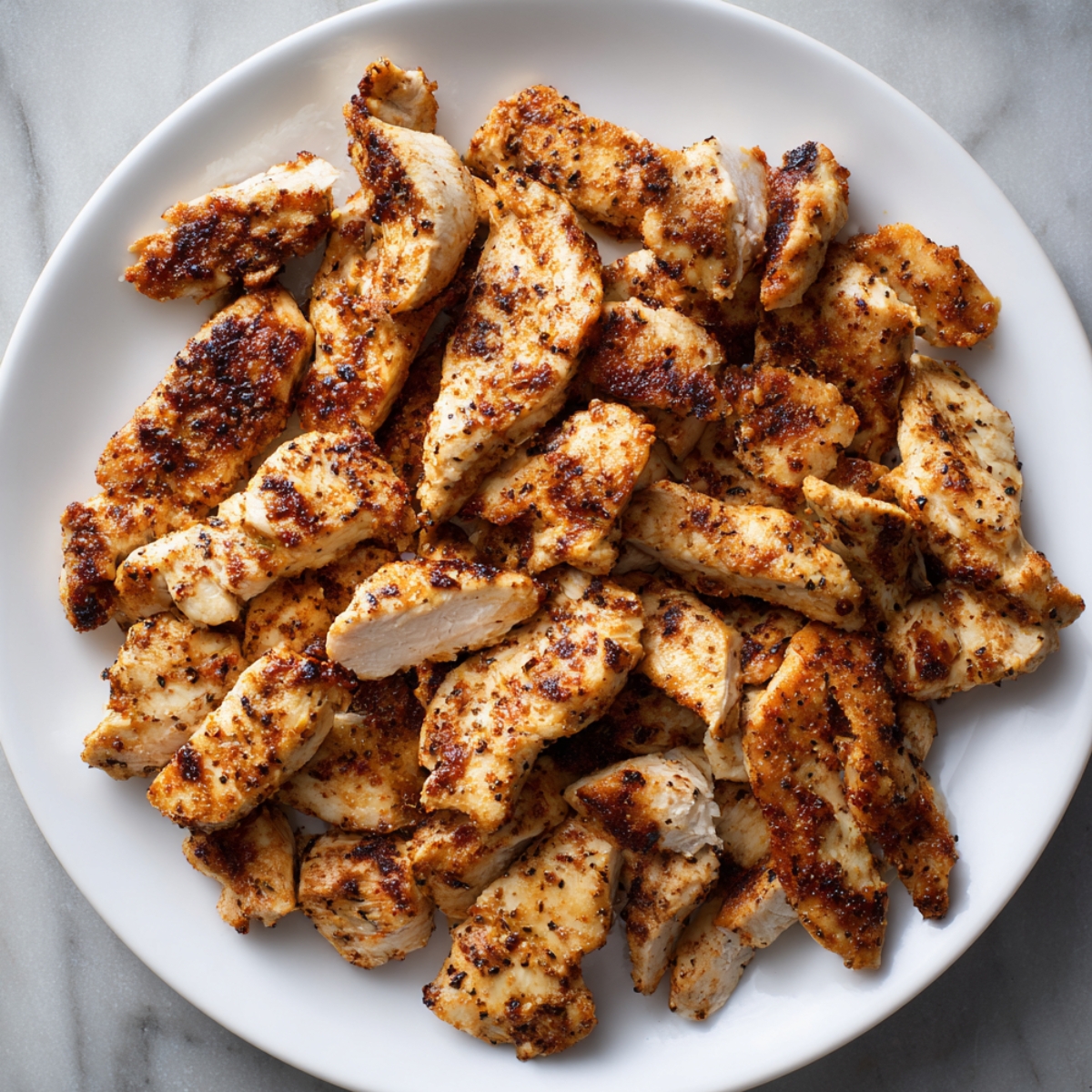 A plate filled with small pieces of grilled chicken, lightly charred and arranged on a white plate.