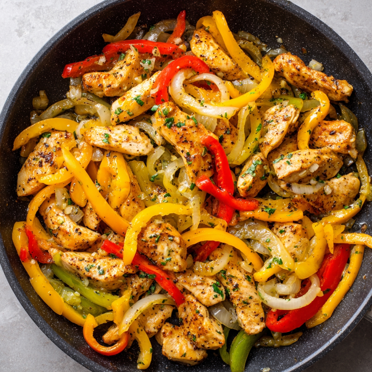 A pan with chicken strips, onions, and colorful bell peppers being sautéed.