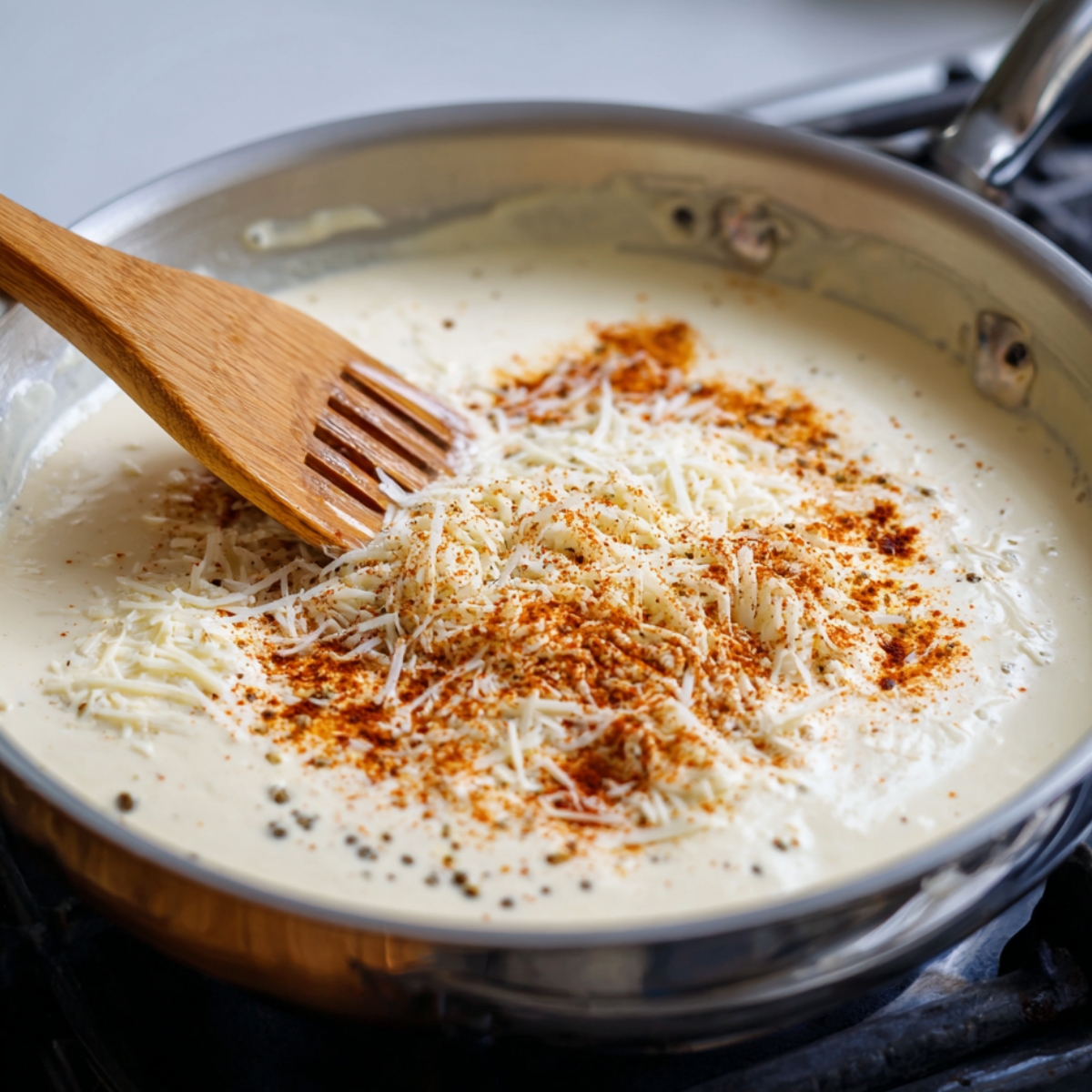 A creamy sauce being prepared in a pan with shredded cheese and paprika sprinkled on top.