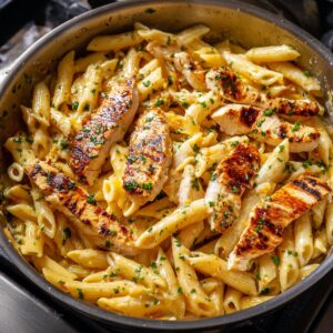 A close-up of a pan with Cajun chicken pasta, featuring grilled chicken strips, penne pasta, and garnished with chopped parsley.