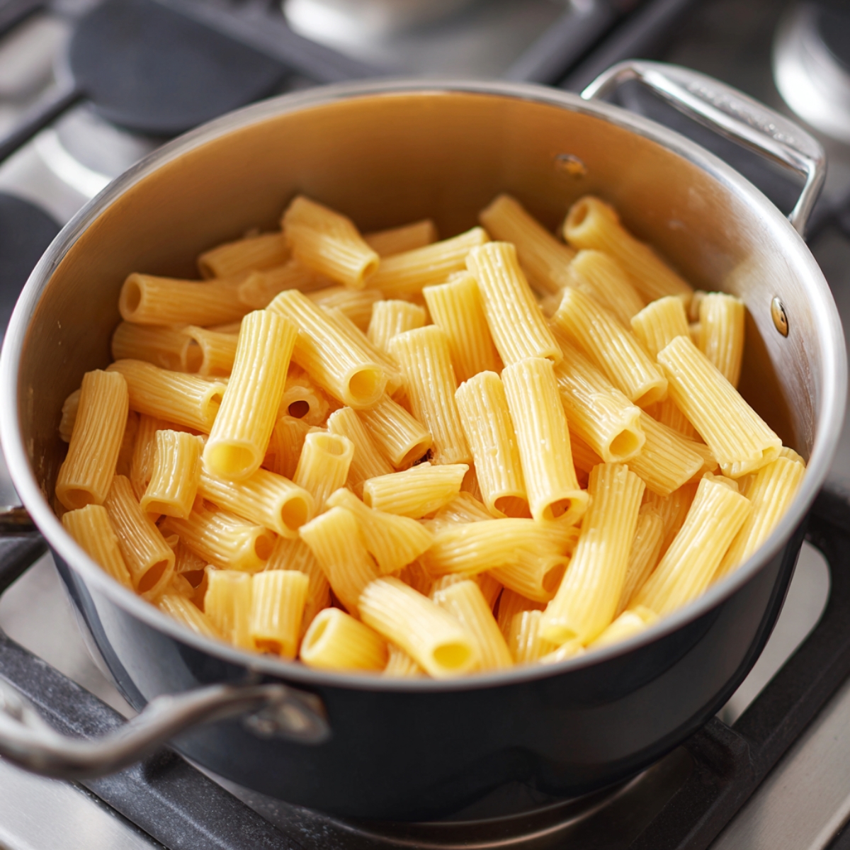 A close-up of rigatoni pasta being boiled in a silver pot on a stove.