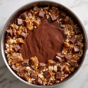 Round pan filled with a thick layer of chocolate in the center surrounded by caramel popcorn and chocolate candy pieces.