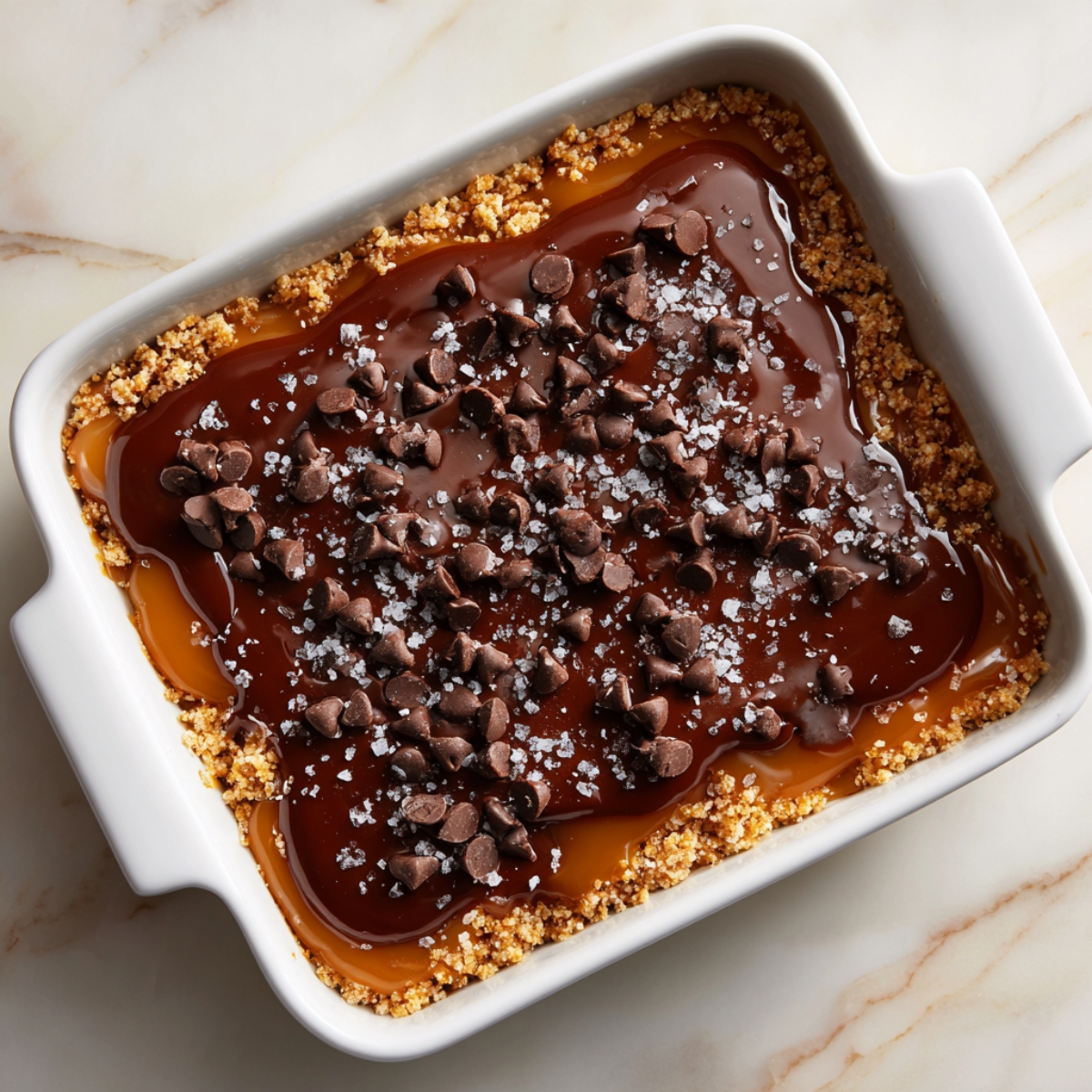 Baking dish with a caramel and chocolate layer topped with chocolate chips and coarse sea salt over a crumb crust.