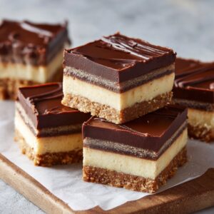Close-up of stacked chocolate caramel bars with layers of crunchy base, creamy caramel, and glossy chocolate topping.