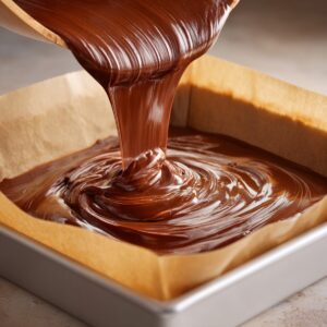 Melted chocolate being poured smoothly into a parchment-lined baking pan.