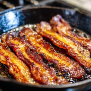 A cast-iron pan with strips of crispy bacon frying.