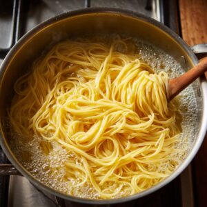 A close-up of spaghetti being stirred in a pot of boiling water.