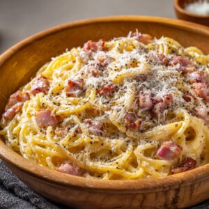 A bowl of spaghetti carbonara topped with crispy pancetta, grated Parmesan cheese, and freshly cracked black pepper.