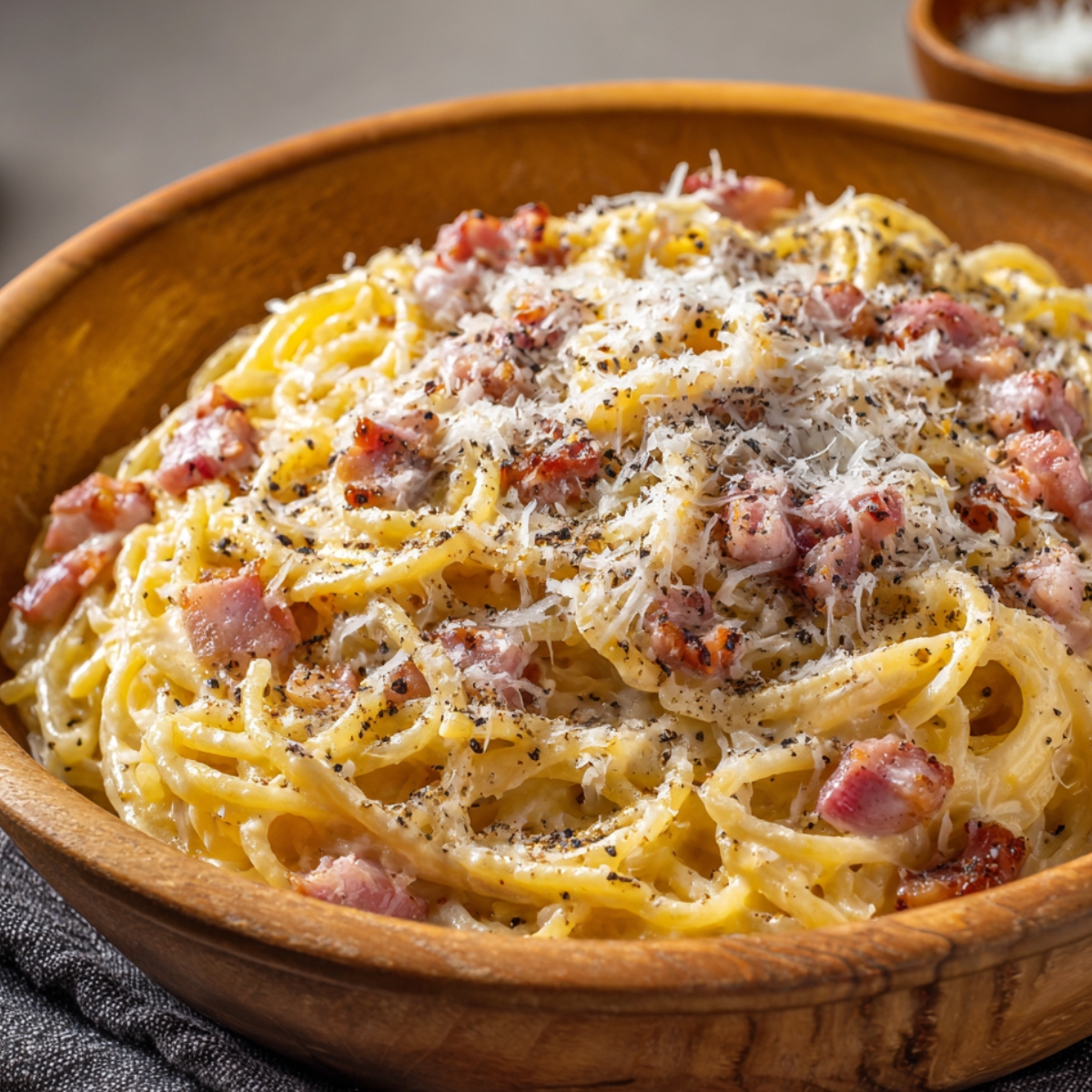 A bowl of spaghetti carbonara topped with crispy pancetta, grated Parmesan cheese, and freshly cracked black pepper.