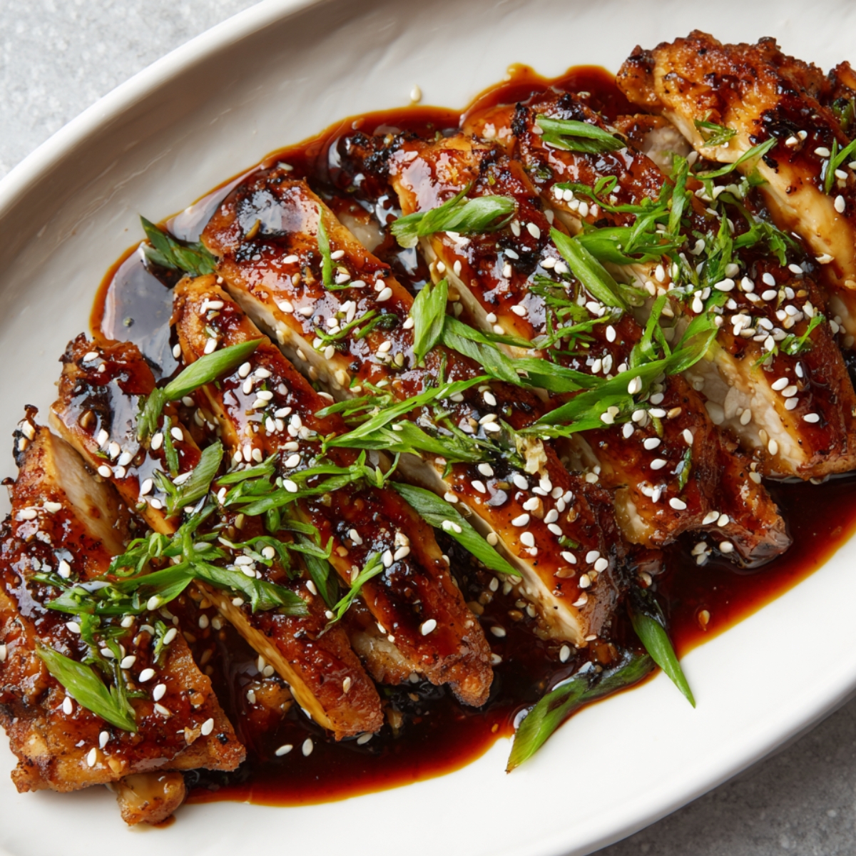 “Sliced char siu chicken glazed with sticky soy-based sauce, topped with sesame seeds and sliced green onions on a white serving dish.”