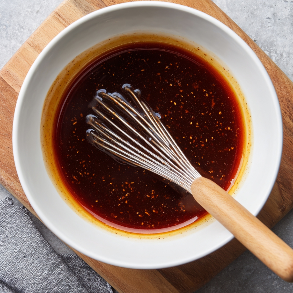 “Bowl of homemade char siu sauce with a whisk, showing a glossy dark red glaze made from soy sauce, honey, and spices.”