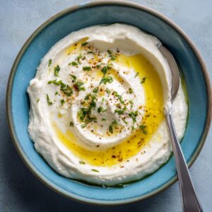 A bowl of creamy garlic sauce (toum) drizzled with olive oil and sprinkled with fresh herbs and ground pepper, served with a spoon on the side.