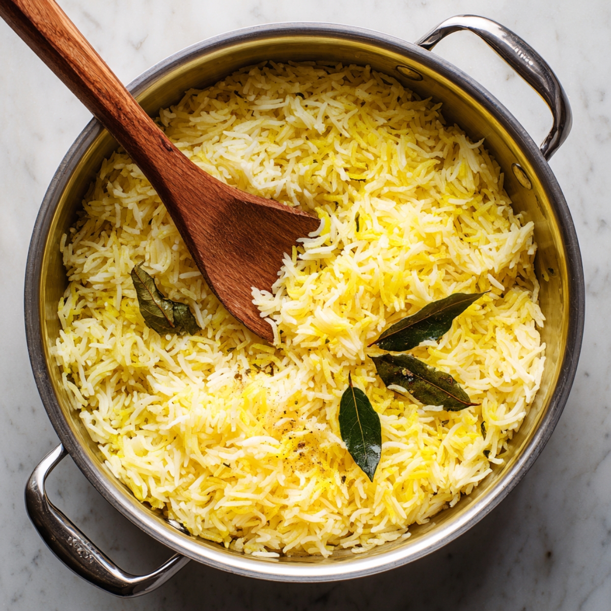A pot of fragrant yellow basmati rice with bay leaves, lightly fluffed with a wooden spoon, showing a soft and fluffy texture perfect for shawarma or Middle Eastern dishes.