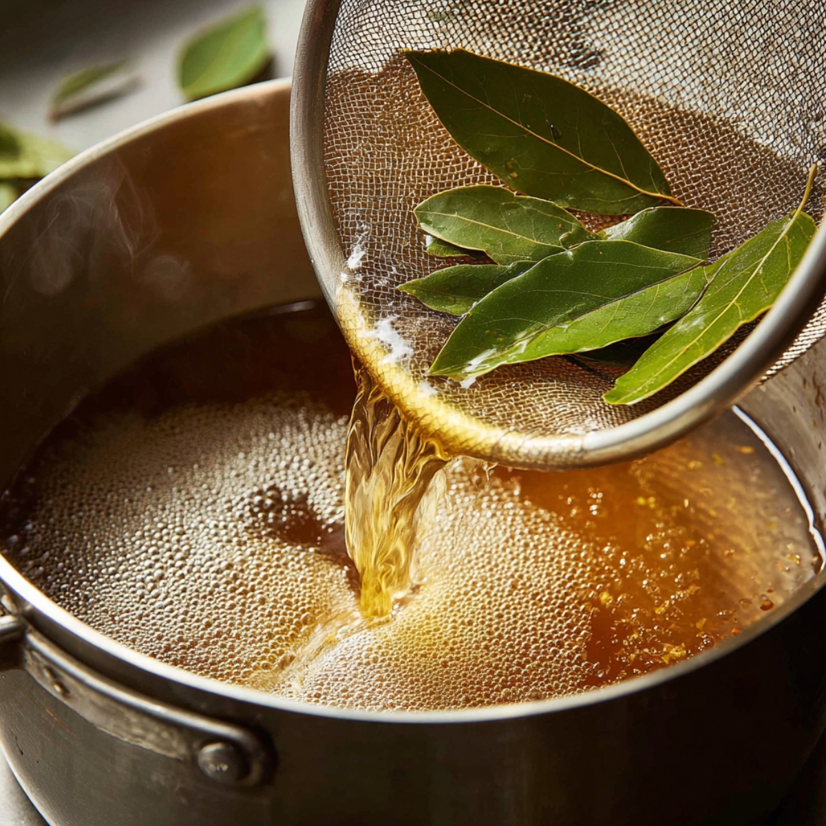 “Bay leaves being strained from hot golden chicken broth as it’s poured into a pot, creating flavorful stock for chicken and noodles.”