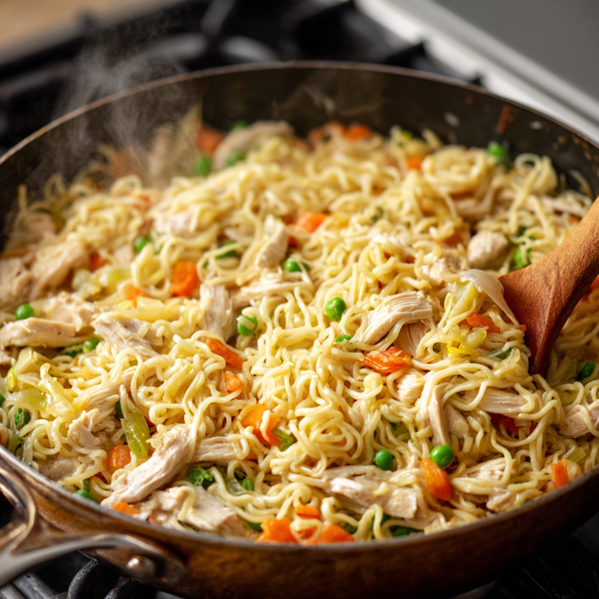“Large skillet filled with cooked noodles, shredded chicken, peas, and carrots being stirred with a wooden spoon for homemade chicken and noodles.”