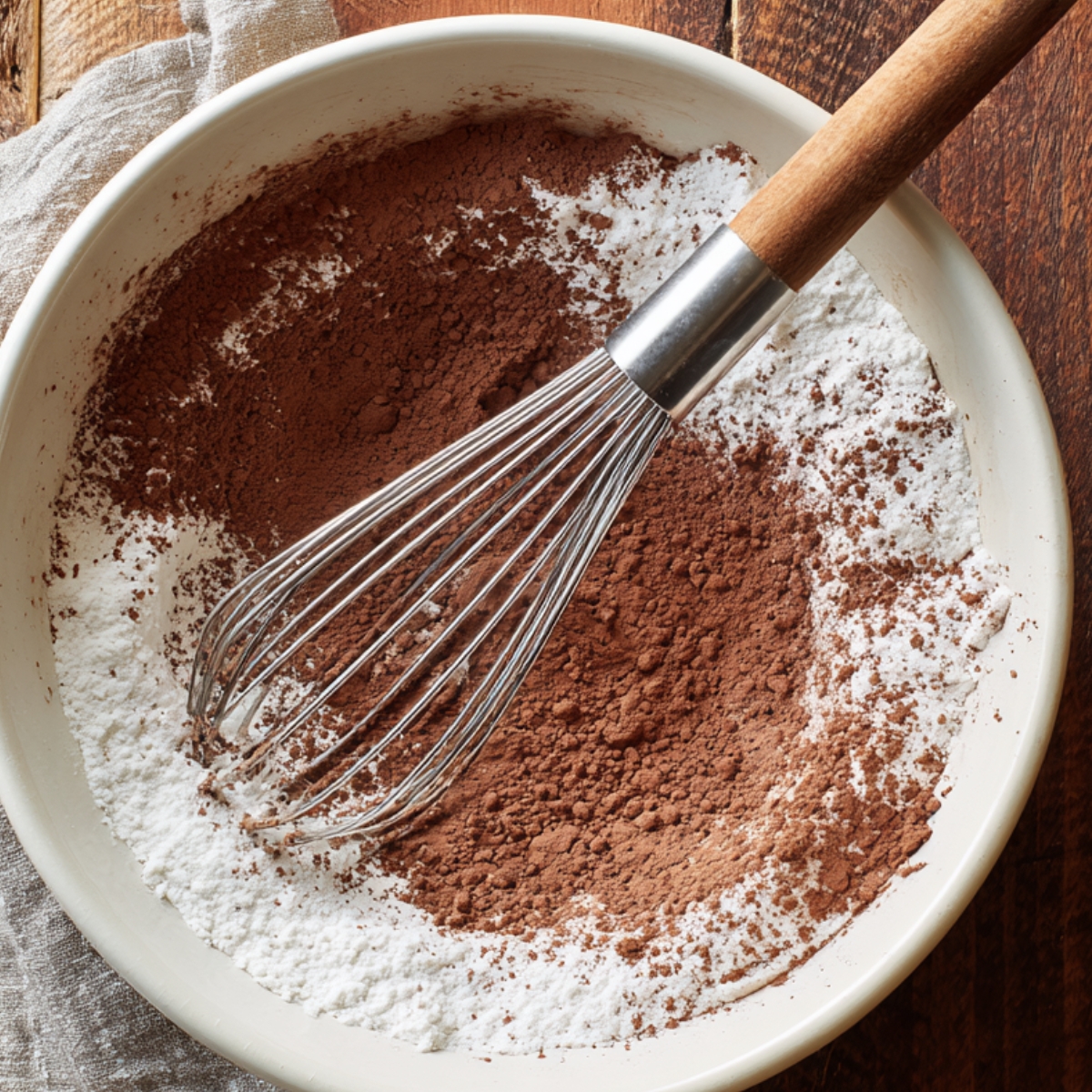 A white mixing bowl filled with cocoa powder and flour, with a metal whisk resting inside, ready for blending dry ingredients.