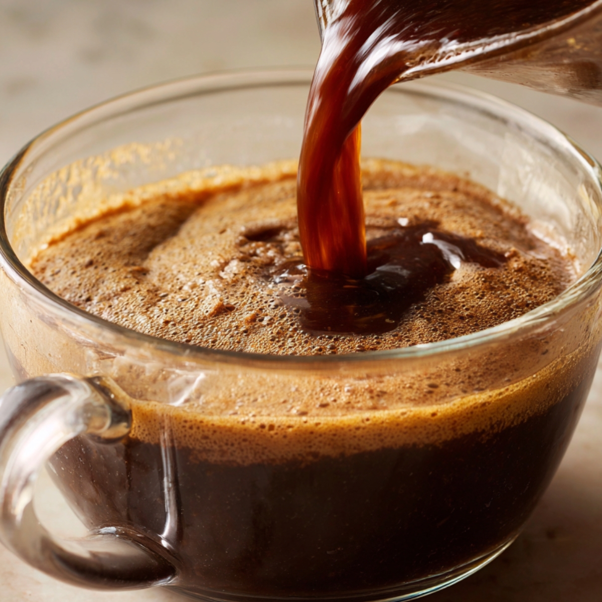 Hot black coffee being poured into a clear glass mug, showing a layer of frothy crema on top.