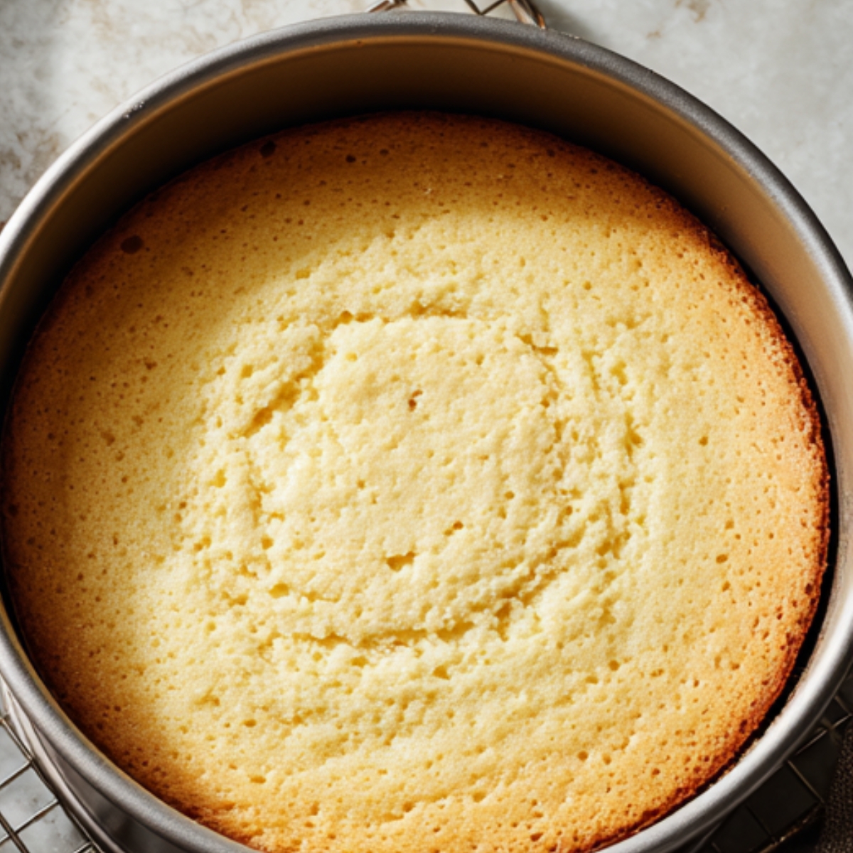 A freshly baked yellow sponge cake in a round metal pan, cooling on a wire rack. The surface is golden with a slightly domed center.
