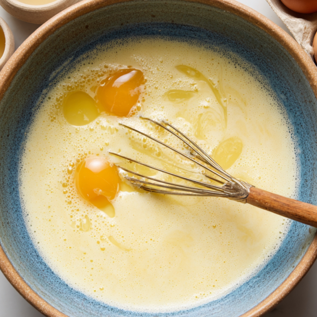 A mixing bowl filled with beaten eggs and milk being whisked together, showing a smooth yellow batter in progress for baking.