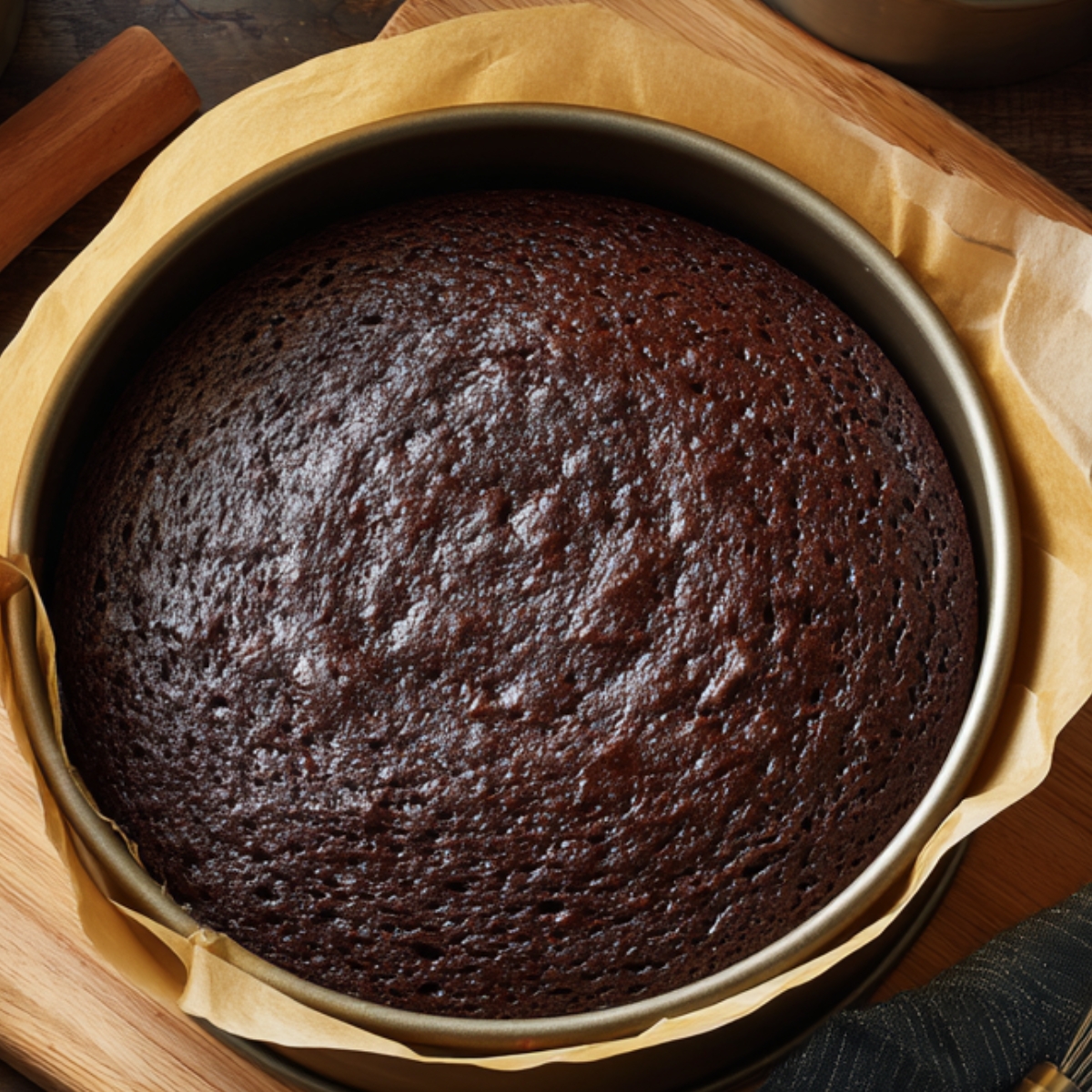 A freshly baked chocolate cake in a round pan lined with parchment paper, showing a rich, dark, and glossy surface.