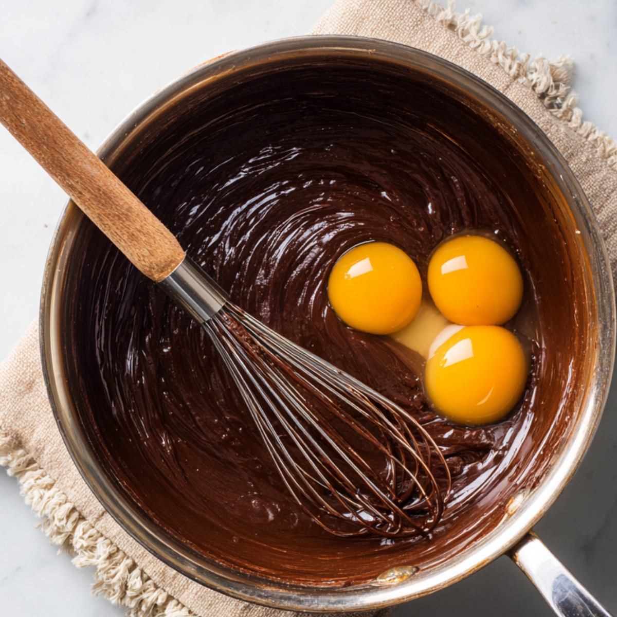 A saucepan containing melted chocolate and butter mixture with three egg yolks added, ready to be whisked in.