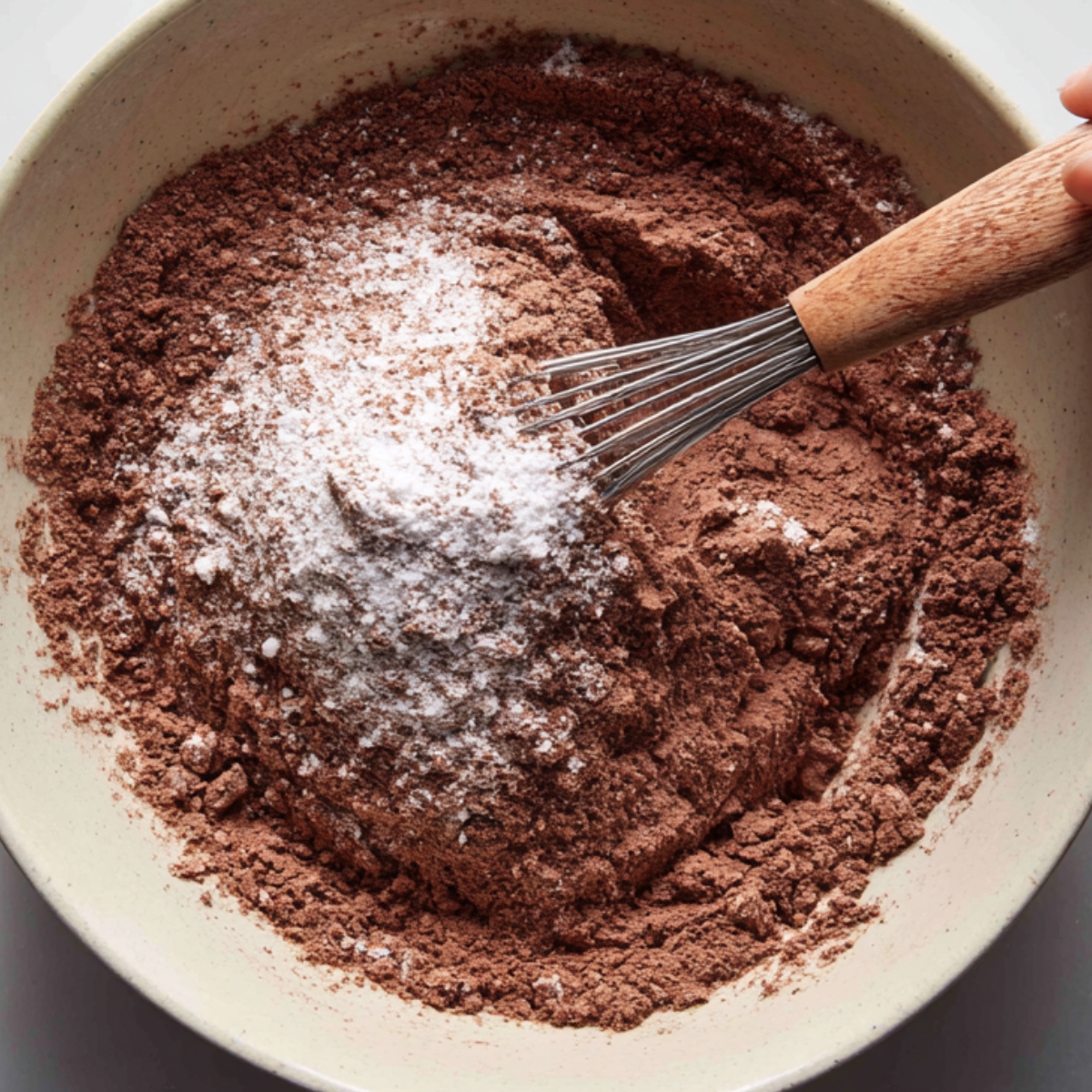A bowl of dry brownie ingredients including cocoa powder, flour, and sugar being whisked together.