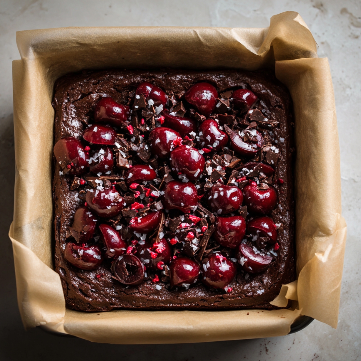 A pan of freshly baked chocolate cherry brownies topped with glistening cherries, dark chocolate chunks, and a sprinkle of sea salt.