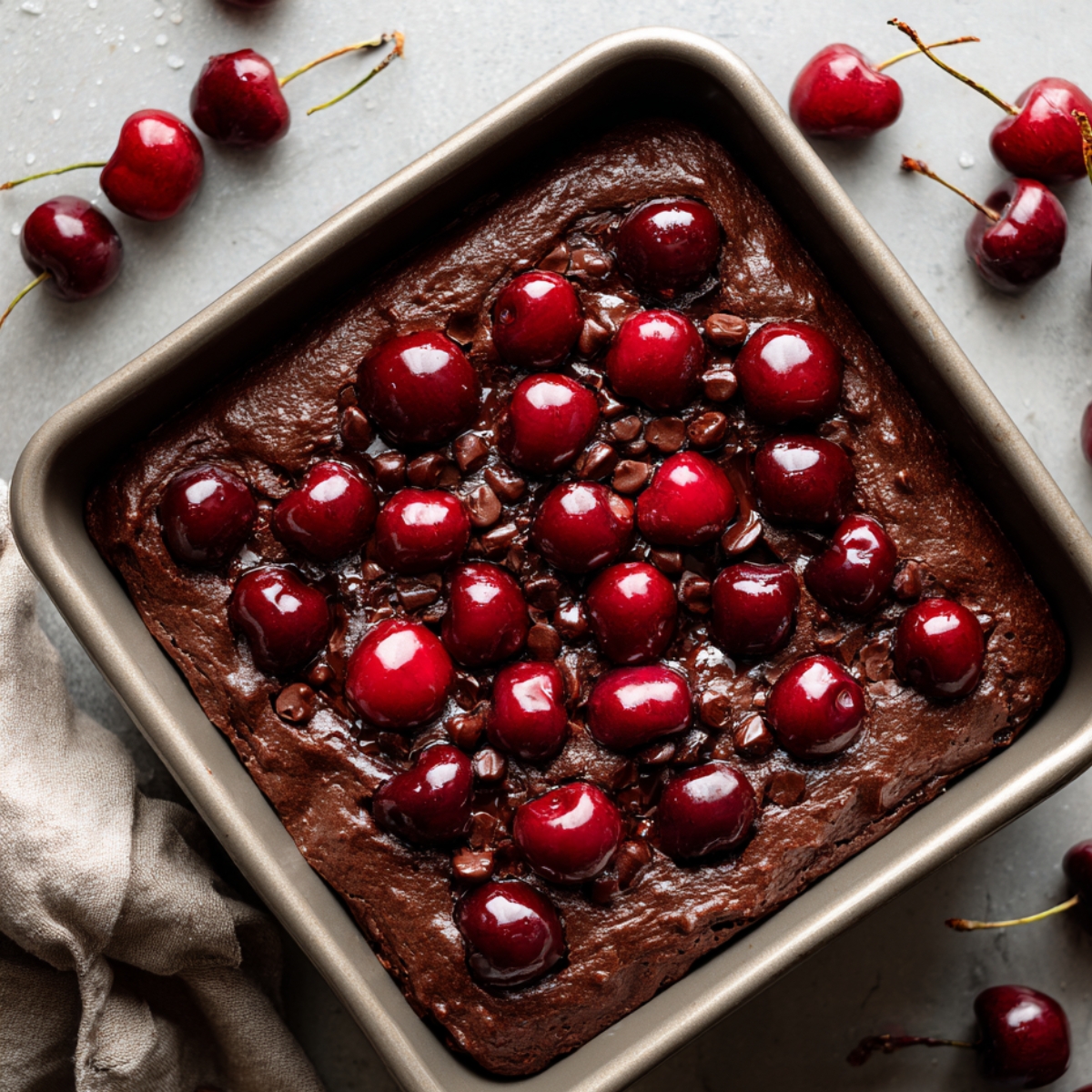 A square baking pan filled with chocolate brownie batter topped with fresh cherries and chocolate chips, ready to bake.