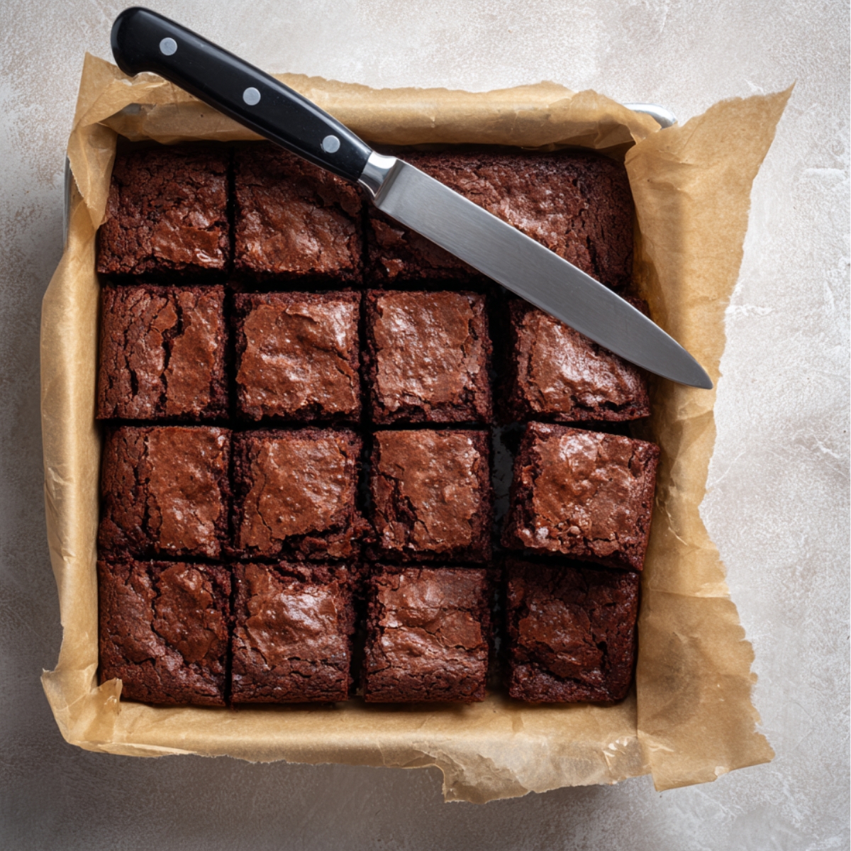 A tray of rich, fudgy chocolate brownies cut into neat squares, lined with parchment paper, with a knife resting across the top.