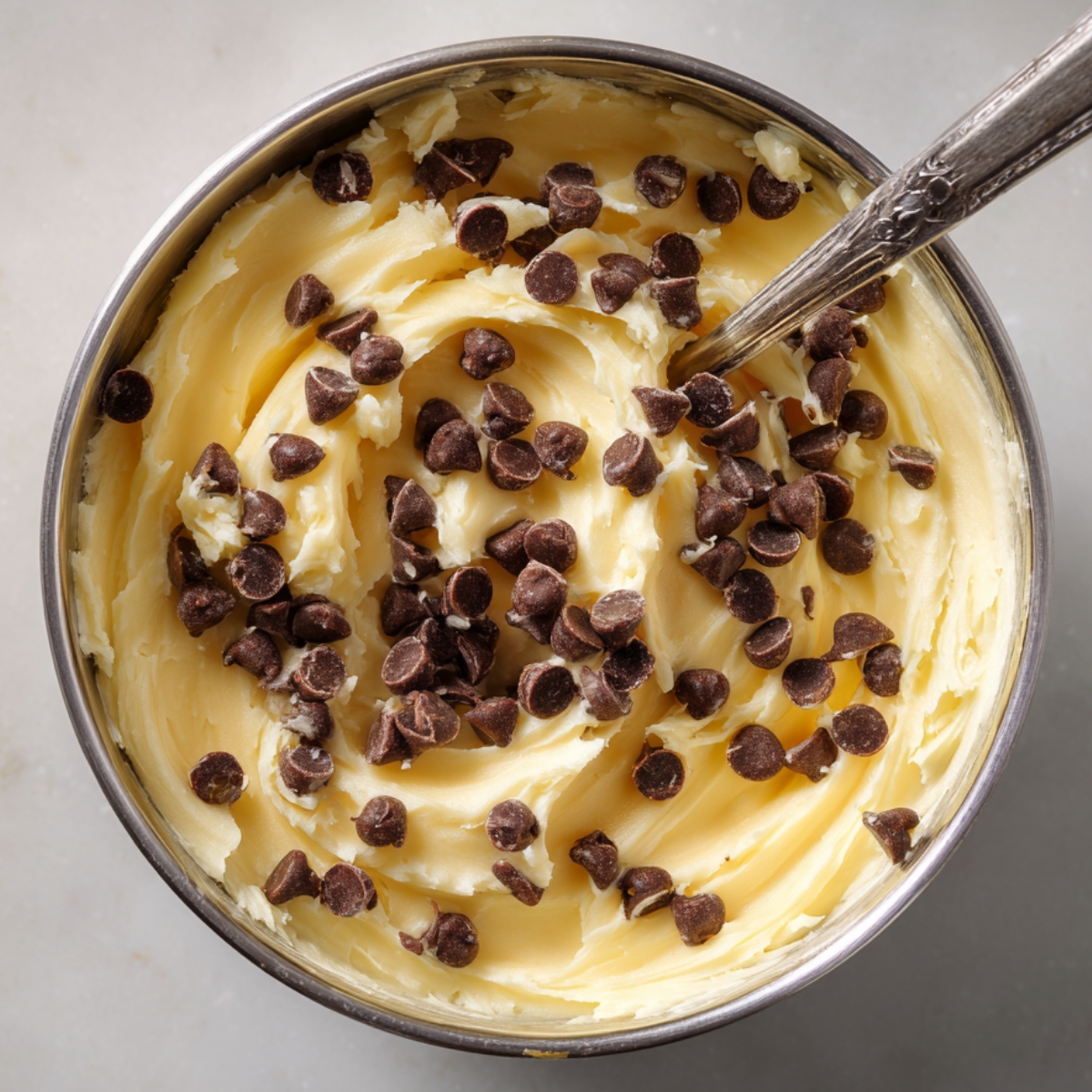 A bowl of creamy butter mixture with chocolate chips stirred in, forming a rich brownie base.