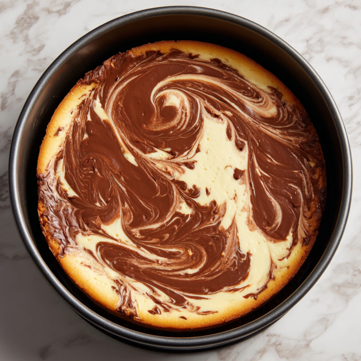 A baked cheesecake in a round pan with a rich chocolate and vanilla swirl pattern on top, set on a marble surface.
