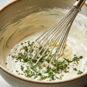 A ceramic bowl containing creamy mayonnaise dressing with chopped fresh herbs and black pepper, being whisked with a metal whisk.