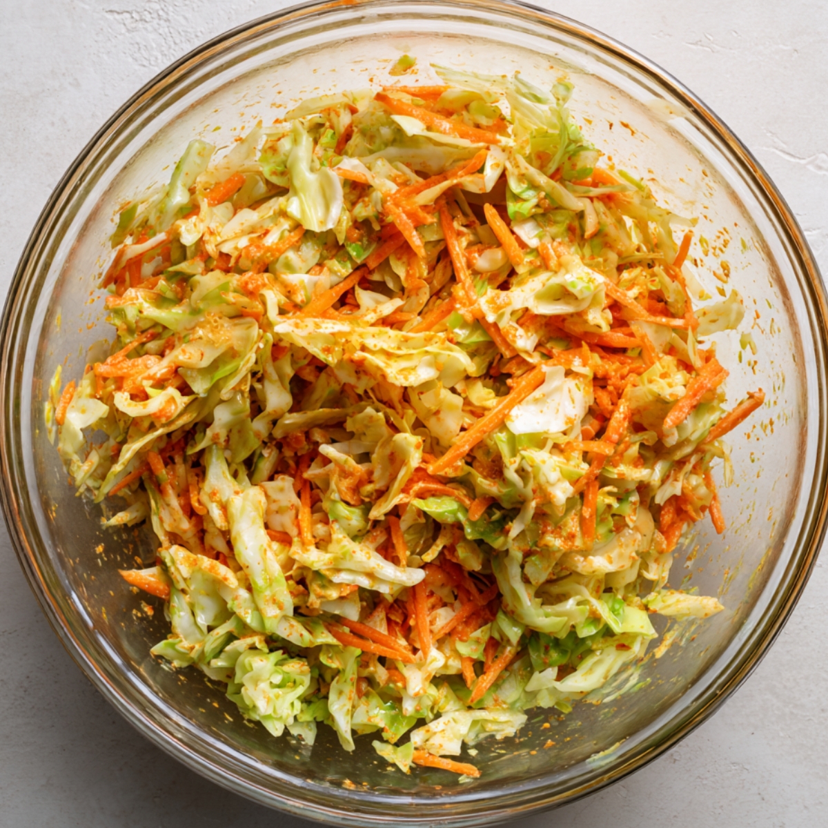A clear glass bowl filled with a colorful coleslaw made of shredded cabbage and carrots, coated in a spicy reddish dressing.