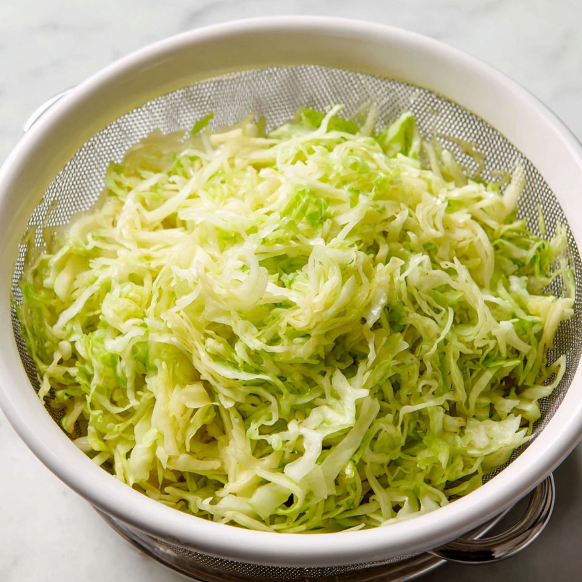 Freshly shredded cabbage draining in a white colander, slightly softened and ready for mixing.