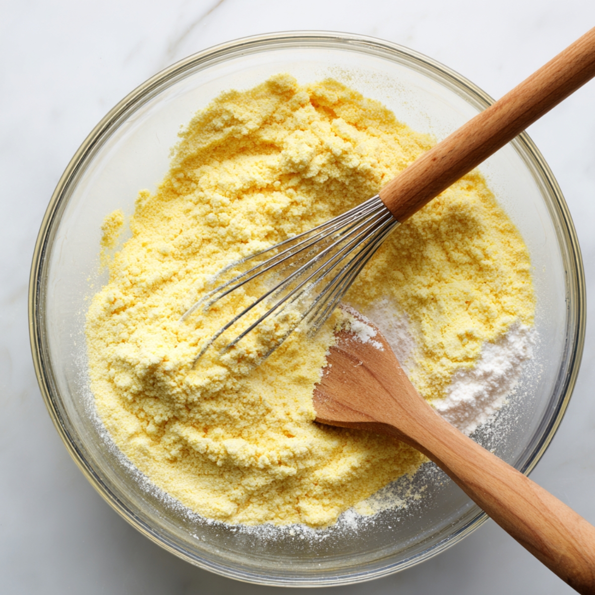 A glass bowl containing cornmeal, flour, and baking powder being mixed with a whisk and wooden spoon.