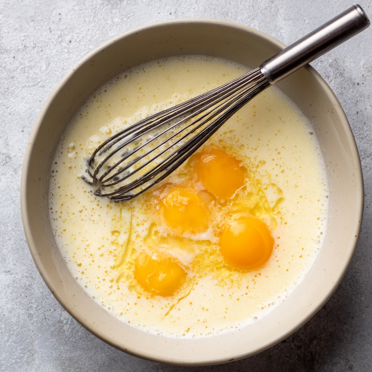 A bowl with eggs and milk being whisked together to prepare the wet ingredients for cornbread.