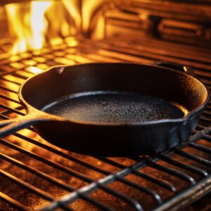 A cast-iron skillet heating in an oven, ready for cornbread batter, with a warm glow from the fire.