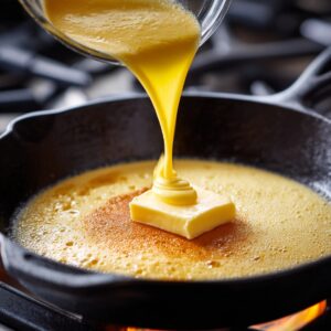 Melted butter in a cast-iron skillet with cornbread batter being poured over it on a stovetop.