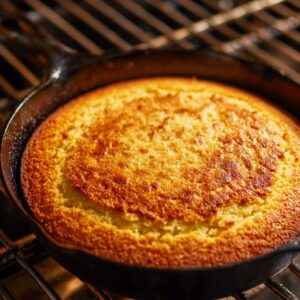 A golden-brown cornbread baked in a cast-iron skillet inside an oven, showing a crisp crust and tender center.