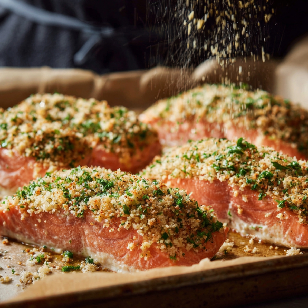 “Raw salmon fillets on a baking sheet being topped with a breadcrumb and herb mixture, ready to be baked for crab and shrimp stuffed salmon.”