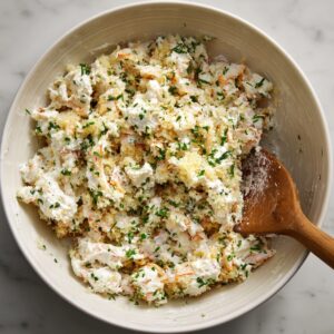Bowl of creamy crab and shrimp stuffing mixed with breadcrumbs, herbs, and cream cheese, stirred with a wooden spoon.