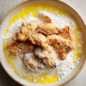Chicken pieces coated in flour and egg mixture before frying.