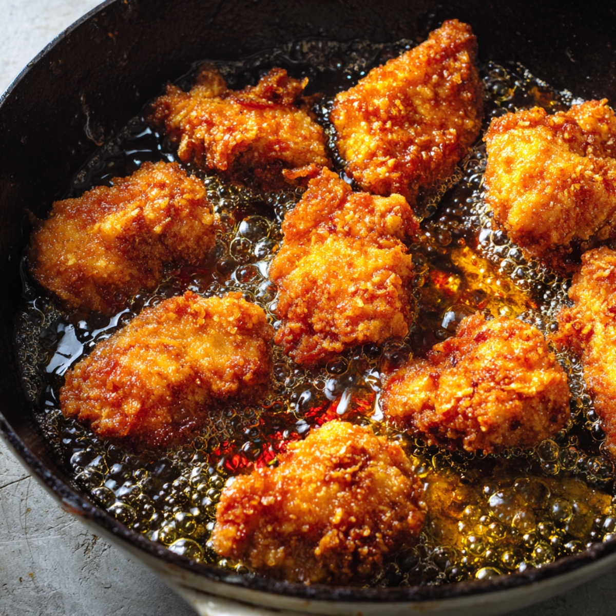 Chicken pieces frying in hot oil, crispy and golden brown.
