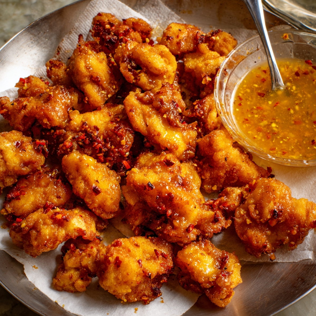 Crispy Bang Bang Chicken coated with chili flakes and served with a dipping sauce.