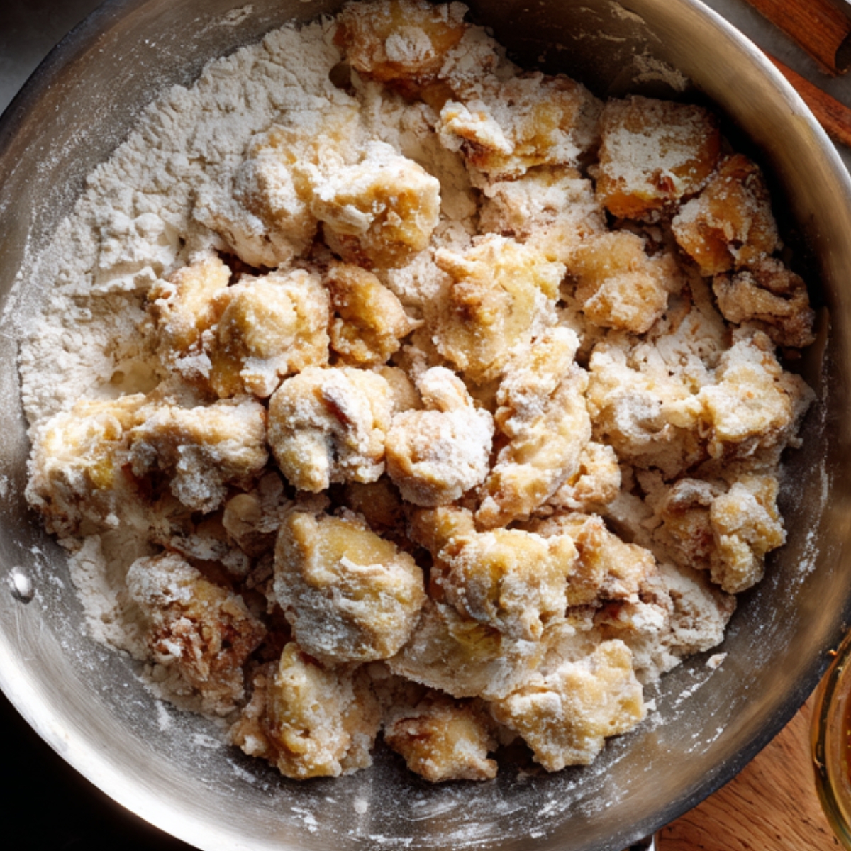 Flour and chicken pieces being coated together in a bowl.