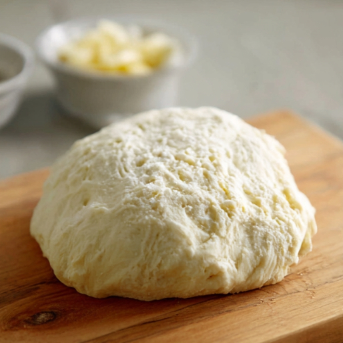 “Freshly prepared ball of dumpling dough resting on a wooden board, dusted lightly with flour, ready to be rolled out.”
